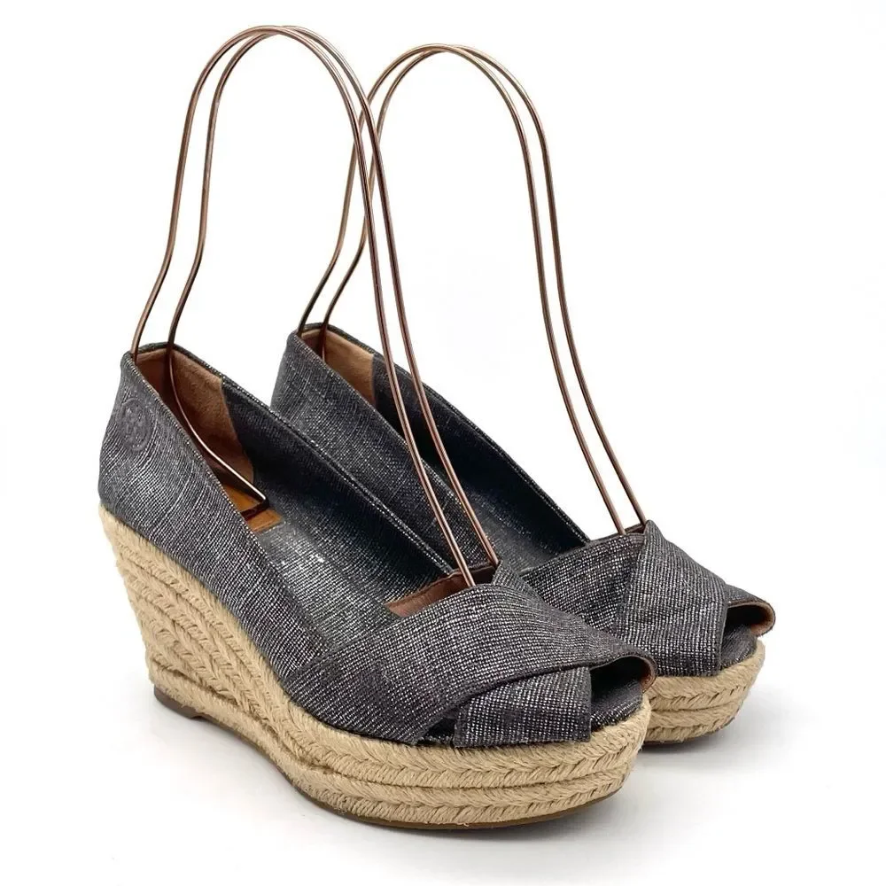 Tory Burch Filipa Espadrille Wedge Heel in Shimmer Pewter Linen Women’s Size 5.5